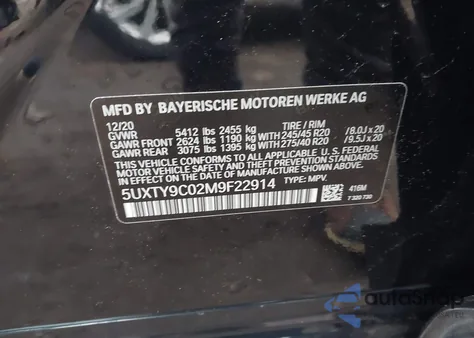 2021 BMW X3 M40I z USA, uszkodzony, nr VIN 5UXTY9C02M9F22914